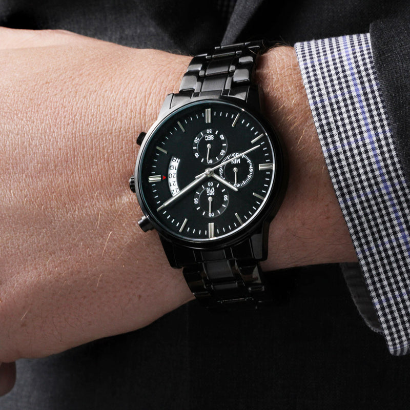 Engraved Black Men's Watch- a Timeless Gift He'll Love