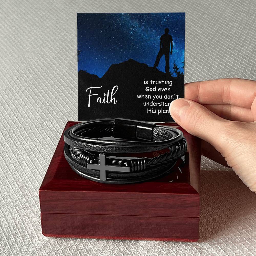 Men's Cross Leather Bracelet- Faith is Trusting God