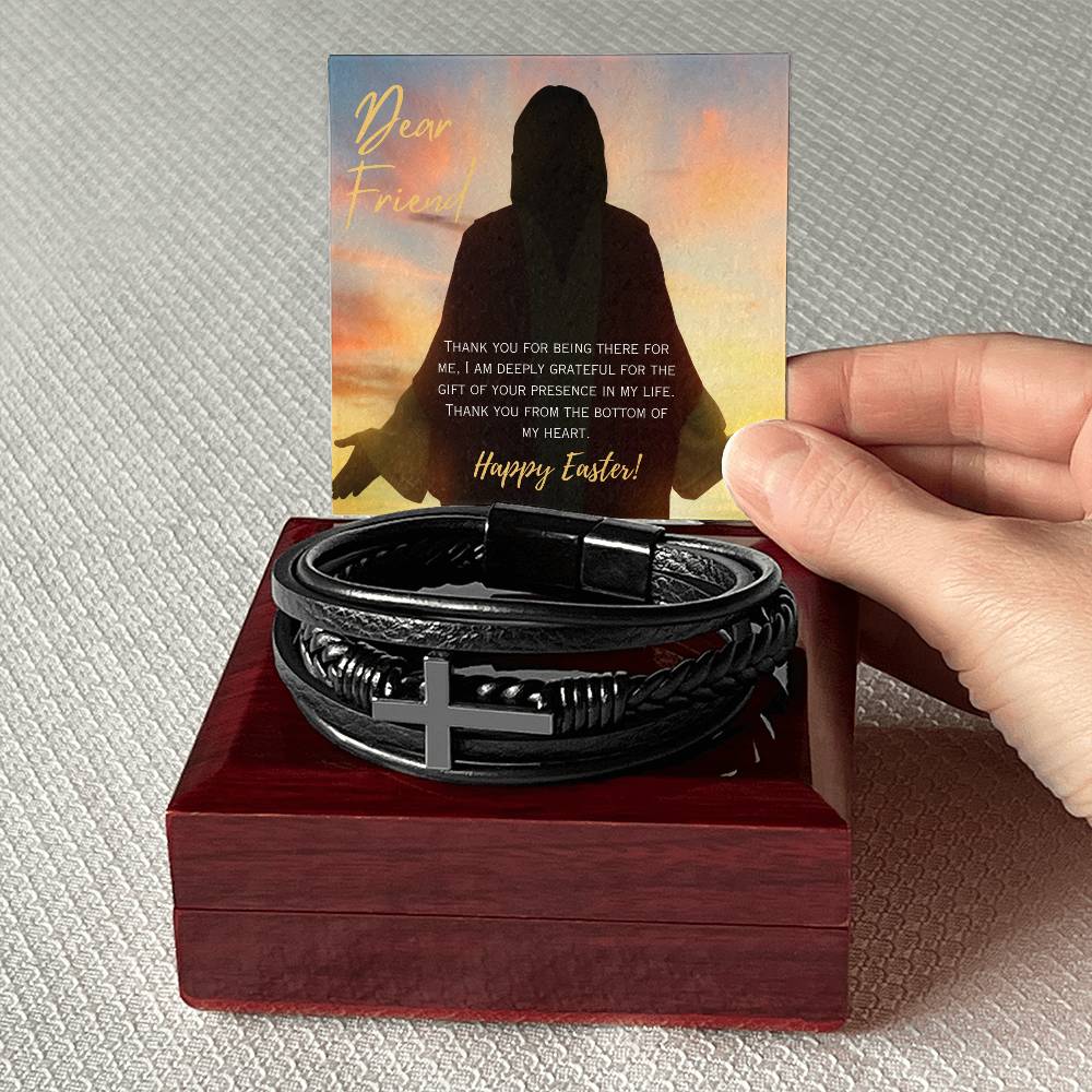 Happy Easter Dear Friend- Men's Cross Vegan Leather Bracelet and Message