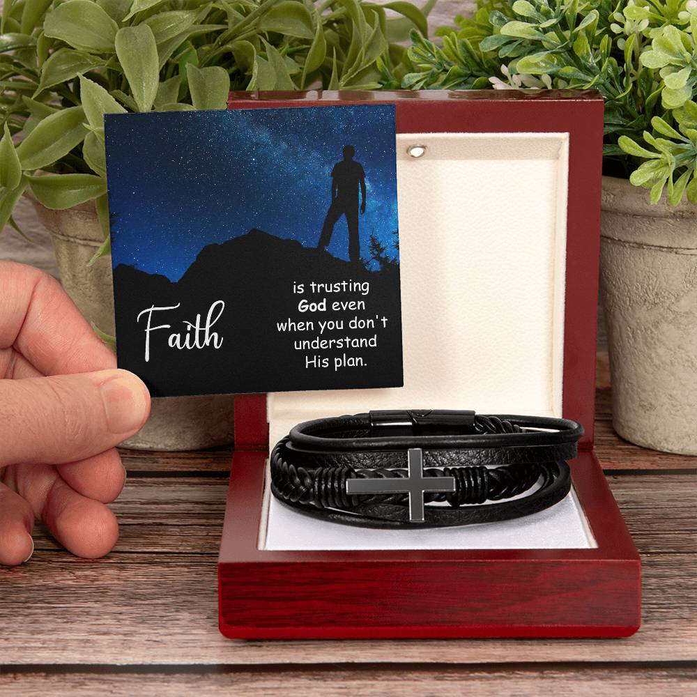 Men's Cross Leather Bracelet- Faith is Trusting God