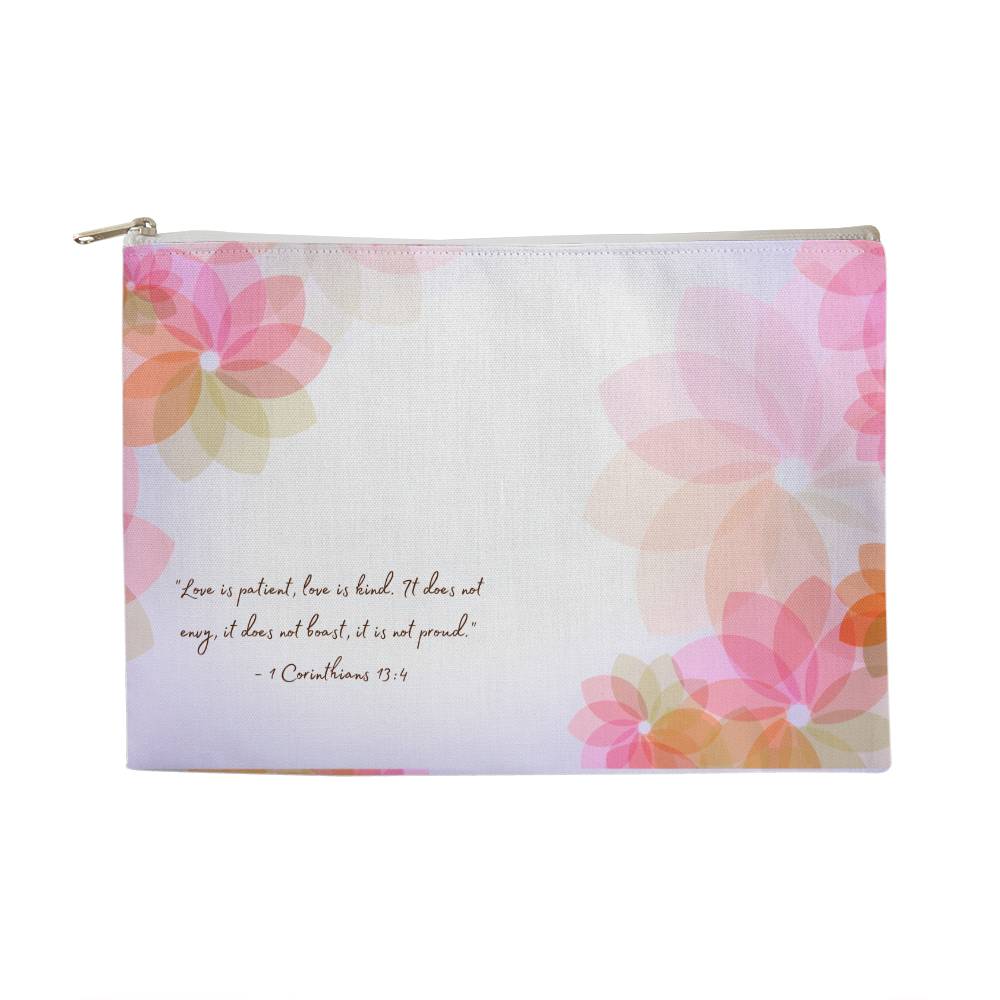 Large Zipper Pouch-  Floral Pink and Greens - Love is Patient, Love is Kind -from 1 Corinthians 13