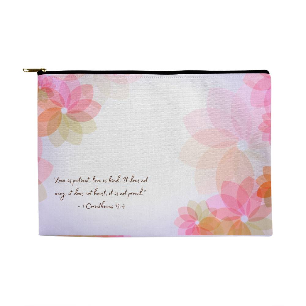 Large Zipper Pouch-  Floral Pink and Greens - Love is Patient, Love is Kind -from 1 Corinthians 13